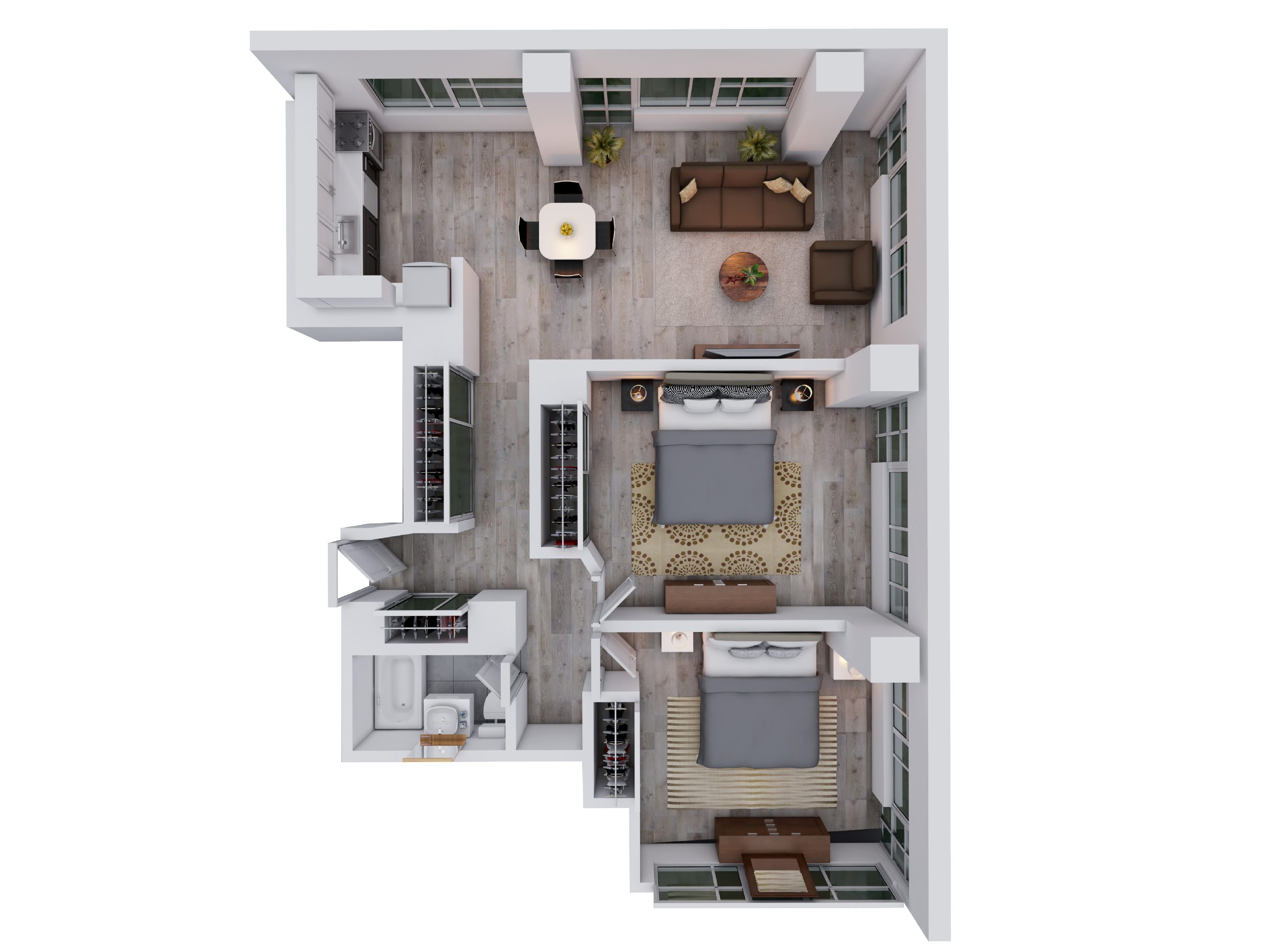 Floor plan for 2 beds, 1 bath, 890 sqft